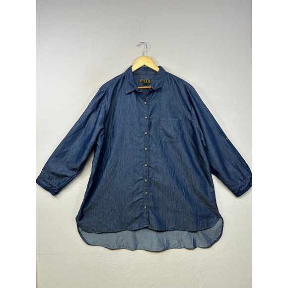 Taxi Tops - Coastal Grandma Taxi Womens 3X Blue Cotton Chambray Roll Tab Shirt Minimalist